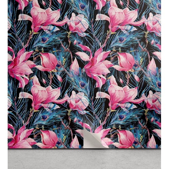 Ambesonne Exotic Peel & Stick Wallpaper for Home, Tropical Design Wild Flowers, 13"x100", Pink Violet Blue and Black