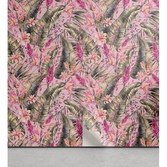 Ambesonne Exotic Peel & Stick Wallpaper for Home, Vintage Floral Ornament Wild, 13"x36", Pink and Sage Green