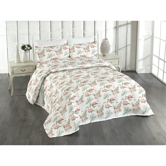 Ambesonne Exotic Quilted Bedspread Set 3 Pcs, Flamingo Pattern Leafy Art, Twin, Pale Pink Reseda Green