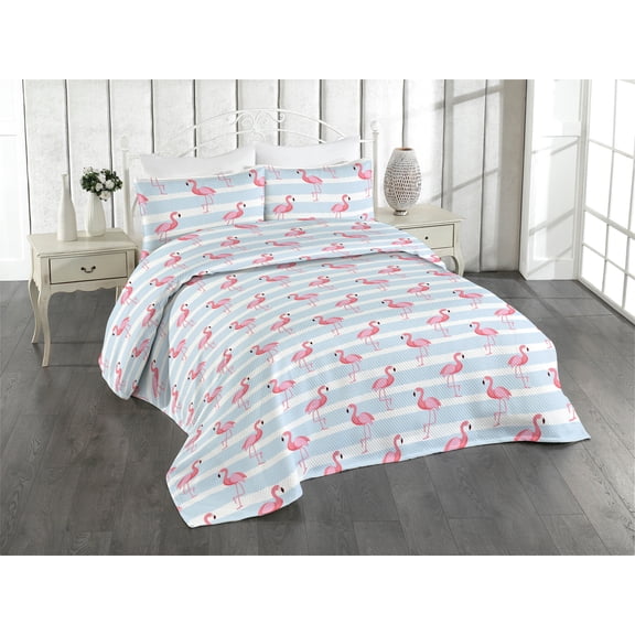 Ambesonne Exotic Quilted Bedspread Set 3 Pcs, Flamingo Striped Backdrop, Queen, Pale Pink Soft Blue and White