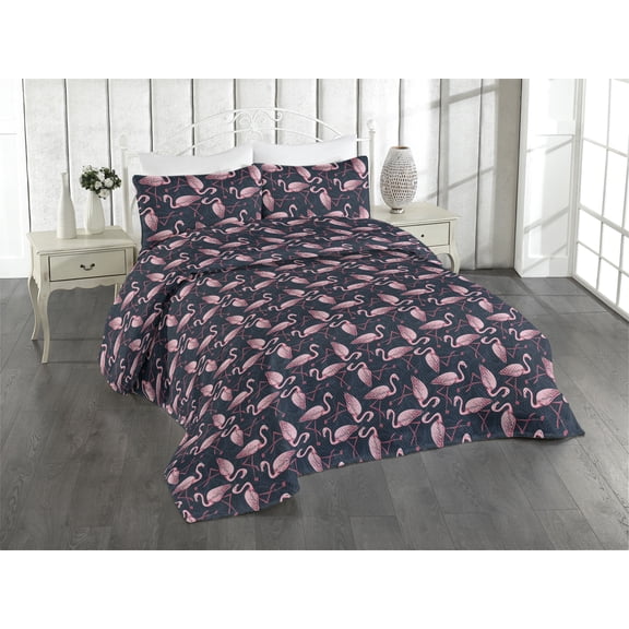 Ambesonne Exotic Quilted Bedspread Set 3 Pcs, Flamingo Tropical Atmophere, Twin, Pale Pink Dark Sky Blue