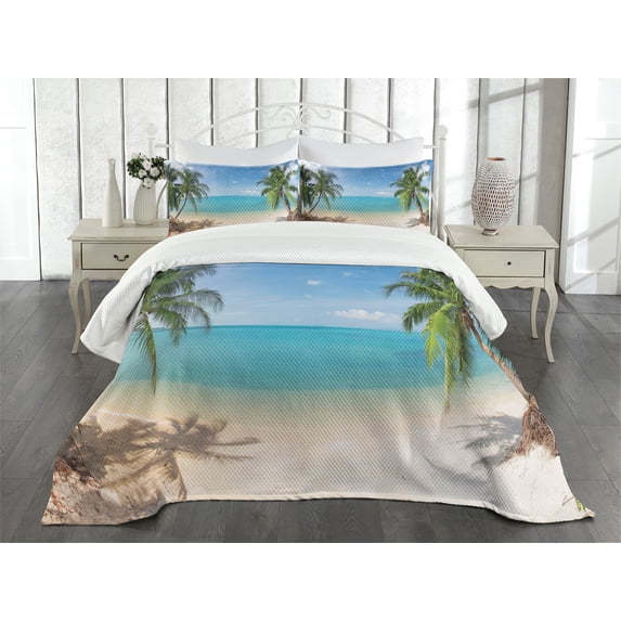 Ambesonne Exotic Quilted Bedspread Set 3 Pcs, Panoramic View Beach, King Size, Pale Brown Turquoise