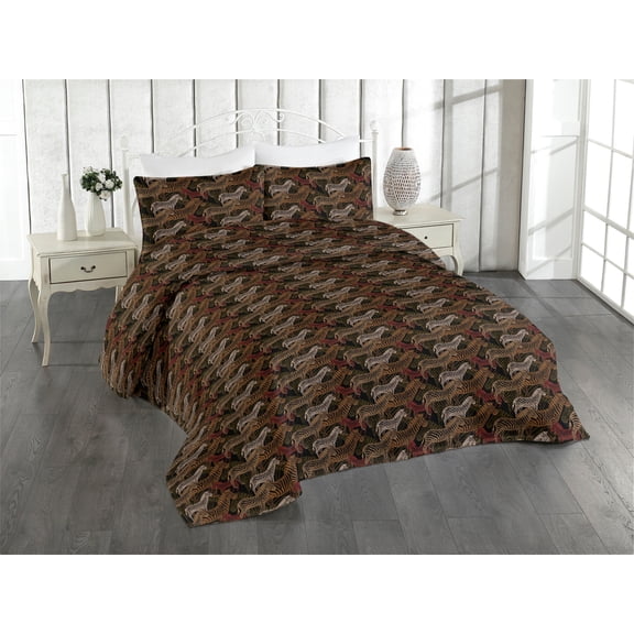 Ambesonne Exotic Quilted Bedspread Set 3 Pcs, Repeating Zebra Motif Modern, King, Cinnamon Brown Scarlet