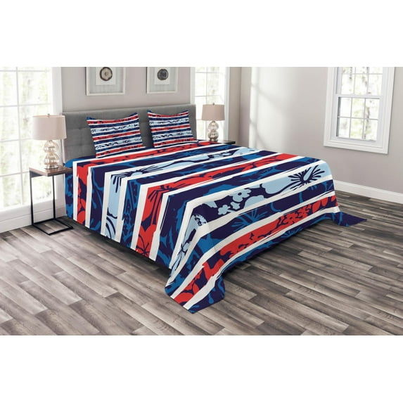 Ambesonne Exotic Quilted Bedspread Set 3 Pcs, Tropical Hibiscus Beach, King Size, Pale Blue Indigo Red