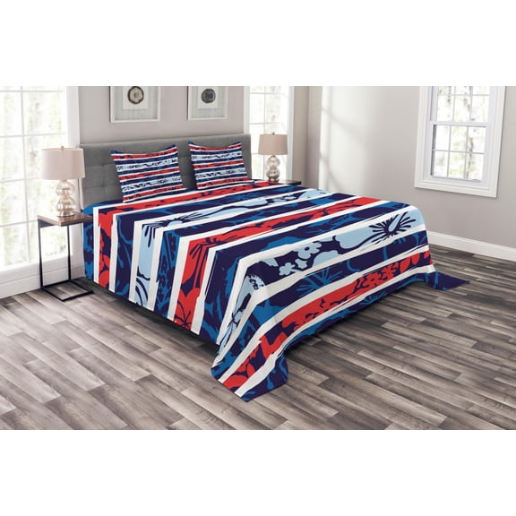 Ambesonne Exotic Quilted Bedspread Set 3 Pcs, Tropical Hibiscus Beach, Queen Size, Pale Blue Indigo Red