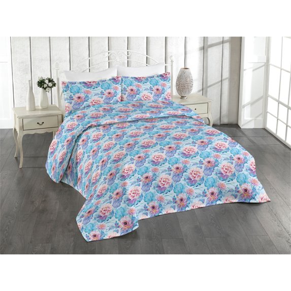 Ambesonne Exotic Quilted Bedspread Set 3 Pcs, Tropical Leaves and Roses, King, Soft Blue Pale Lilac and Pink