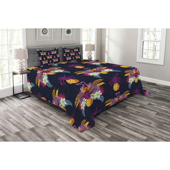 Ambesonne Exotic Quilted Bedspread Set 3 Pcs, Vivid Flowers Pineapples, King Size, Multicolor
