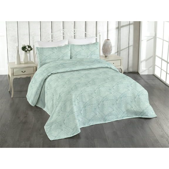 Ambesonne Exotic Quilted Bedspread Set 3 Pcs, Wild Nature Leafy Jungle Art, King, Pale Mint Green