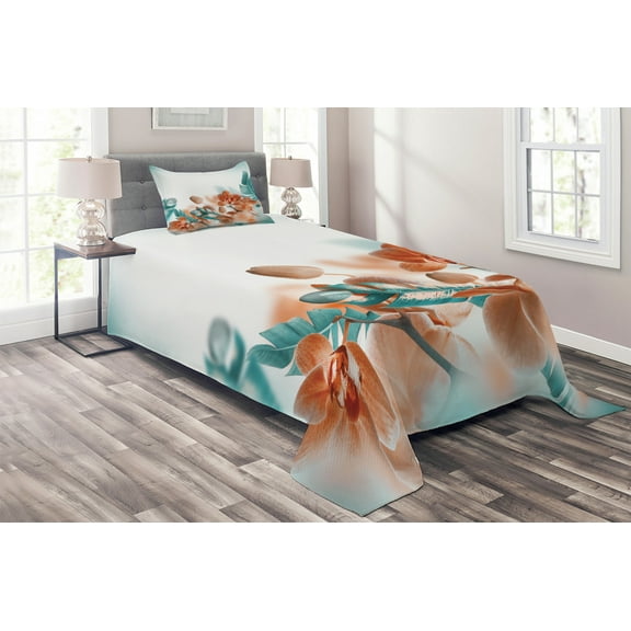 Ambesonne Exotic Quilted Coverlet 2 Pcs, Orchids Blossoms Floral, Twin Size, Orange and Teal