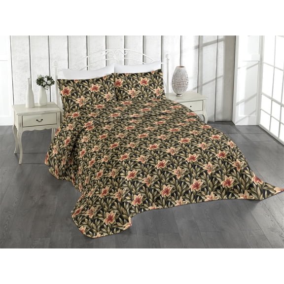 Ambesonne Exotic Quilted Coverlet 3 Pcs, Lilium Flowers Tropical Art, Queen Size, Pale Salmon Army Green