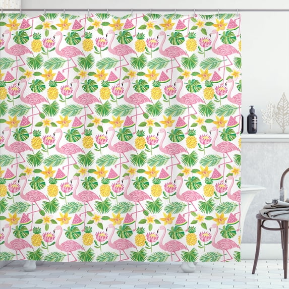 Ambesonne Exotic Shower Curtain, Flamingos and Fruits Pattern, 69"Wx70"L, Pink Green Mustard