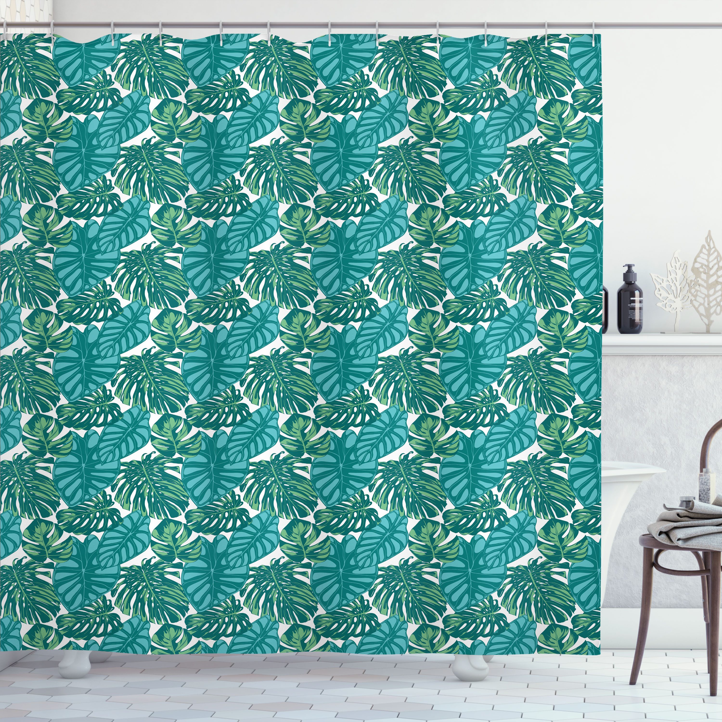 Ambesonne Exotic Shower Curtain, Jungle Foliage Tropic Leaves, 69"Wx75"L, Teal Dark Teal - image 1 of 3