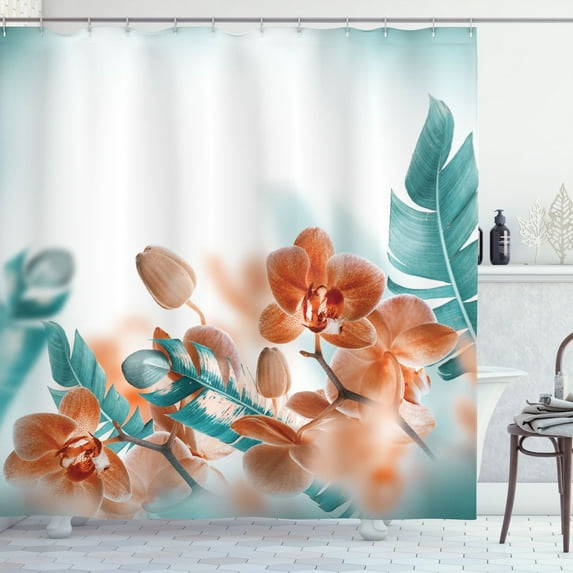 Ambesonne Exotic Shower Curtain, Orchids Blossoms Floral, 69"Wx84"L, Orange and Teal
