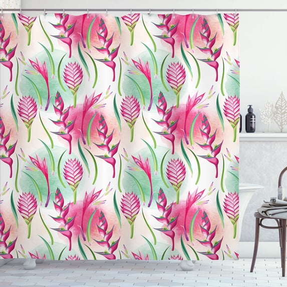 Ambesonne Exotic Shower Curtain, Tropic Flowers Paint Blots, 69"Wx75"L, Magenta Fern Green