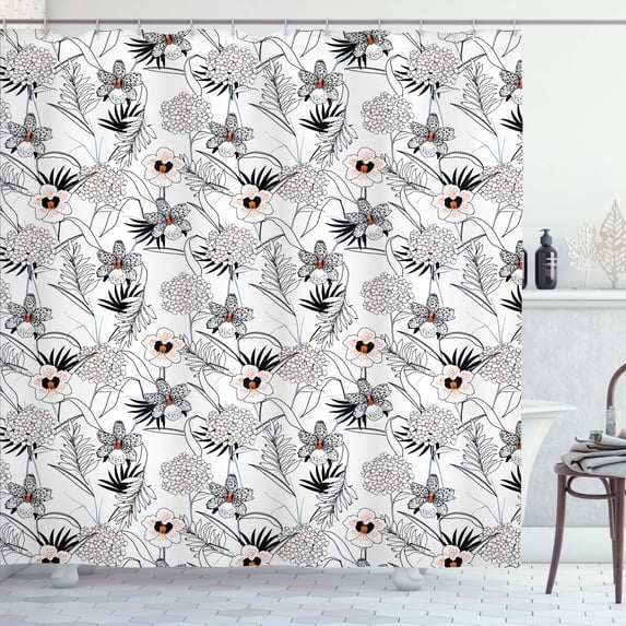 Ambesonne Exotic Shower Curtain, Tropic Foliage Wildflowers, 69"Wx75"L, Black Dark Orange and White