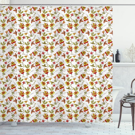 Ambesonne Exotic Shower Curtain, Vintage Fall Flowers, 69"Wx84"L, Red Yellow White