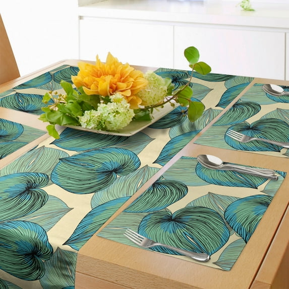 Ambesonne Exotic Table Runner & Placemats, Abstract Leaf Summer Botany, Placemat 4 pcs + Runner 16"x72", Cream Sea Green Sky Blue
