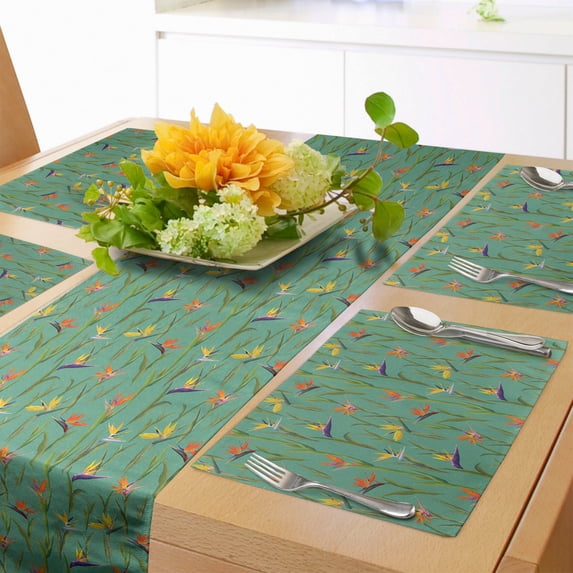 Ambesonne Exotic Table Runner & Placemats, Bird of Paradise Blossoms, Placemat 4 pcs + Runner 12"x72", Turquoise Green and Purple