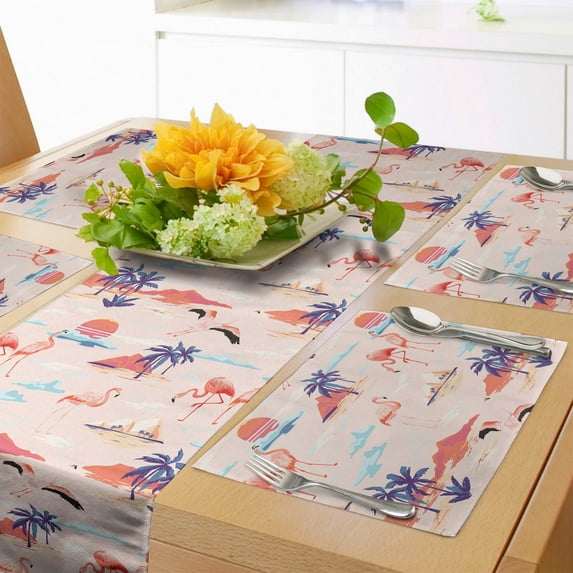 Ambesonne Exotic Table Runner & Placemats, Flamingo Birds on Pastel Art, Placemat 4 pcs + Runner 16"x72", Pale Rose Multicolor