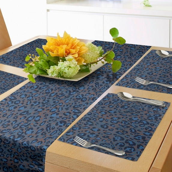 Ambesonne Exotic Table Runner & Placemats, Grunge Blue Leopard Print, Placemat 4 pcs + Runner 16"x72", Blue Cinnamon Dimgray