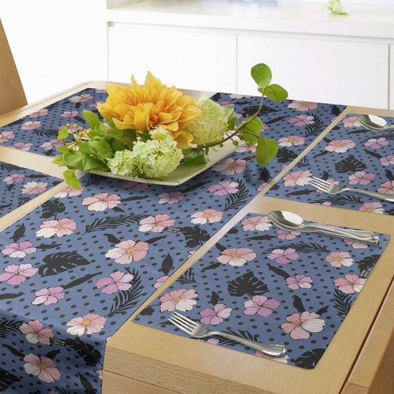 Ambesonne Exotic Table Runner & Placemats, Hibiscus Island Foliage Art, Placemat 4 pcs + Runner 14"x90", Pale Pink Slate Blue