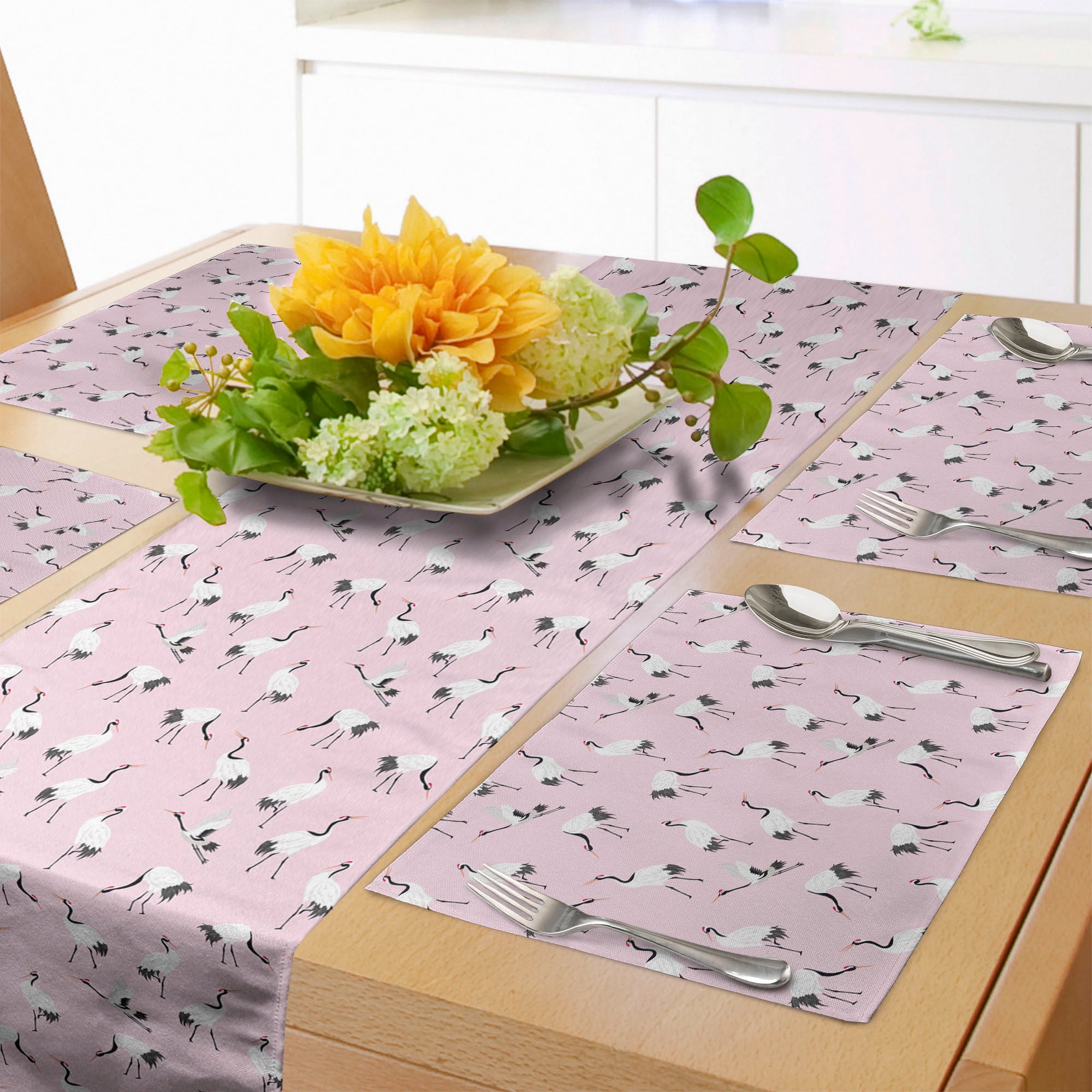 Ambesonne Exotic Table Runner & Placemats, Japanese Crane Birds Pastel