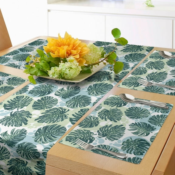 Ambesonne Exotic Table Runner & Placemats, Monsteras Modern Drawing, Placemat 4 pcs + Runner 16"x72", Hunter Green and White