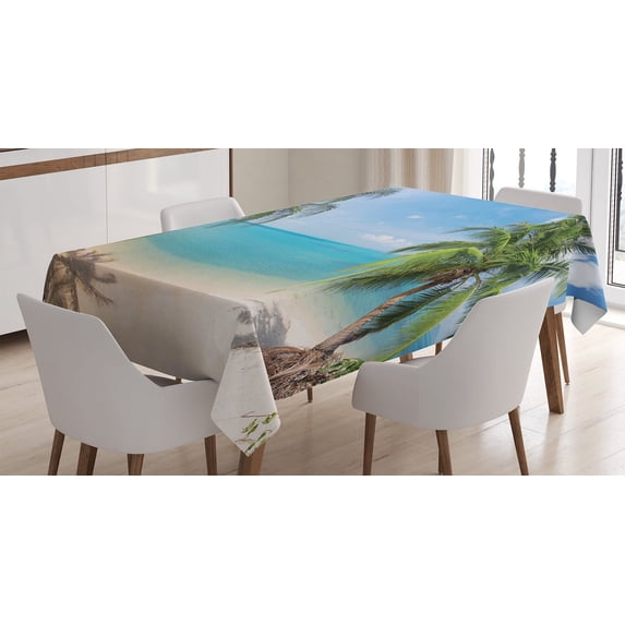Ambesonne Exotic Tablecloth Rectangular Table Cover, Panoramic View Beach, 60"x84", Pale Brown Turquoise
