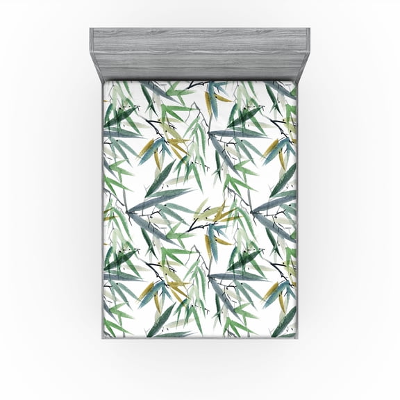 Ambesonne Exotic Theme Fitted Sheet, Tree Leaves Simple Art, Queen Size, Fern Green Blue Grey