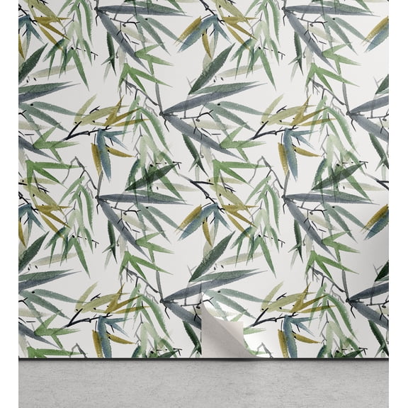 Ambesonne Exotic Theme Peel & Stick Wallpaper for Home, Tree Leaves Simple Art, 13"x36", Fern Green Blue Grey
