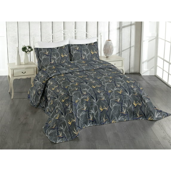 Ambesonne Exotic Themed Quilted Coverlet 3 Pcs, Night Leaves Bohemian, Queen Size, Purpleblue Apricot