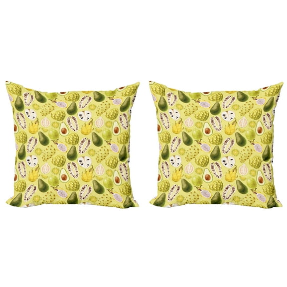 Ambesonne Exotic Throw Pillow Cover 2 Pack, Avocados Dragon Fruit Guava, 16", Pastel Yellow Olive Green