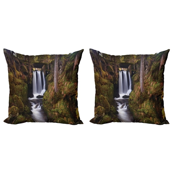 Ambesonne Exotic Throw Pillow Cover 2 Pack, Wooden Bridge Forest, 18", Green Brown White