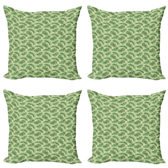 Ambesonne Exotic Throw Pillow Cover 4 Pack, Jungle Foliage Luau Vibes, 16", Fern Green Pastel Green