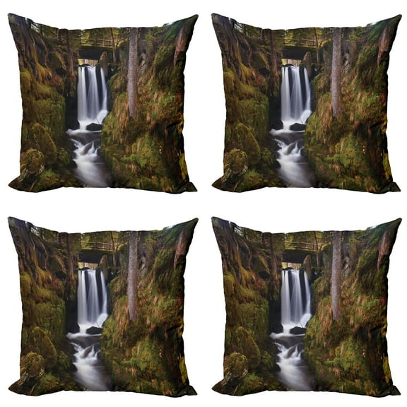 Ambesonne Exotic Throw Pillow Cover 4 Pack, Wooden Bridge Forest, 24", Green Brown White