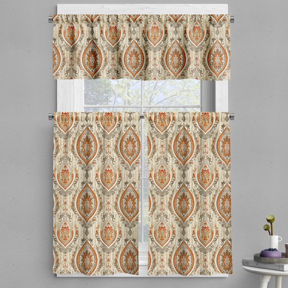 Ambesonne Exotic Valance & Curtain 3 Pcs Set, Vintage Damask Print Art, 55"x30", Fawn Burnt Orange Beige