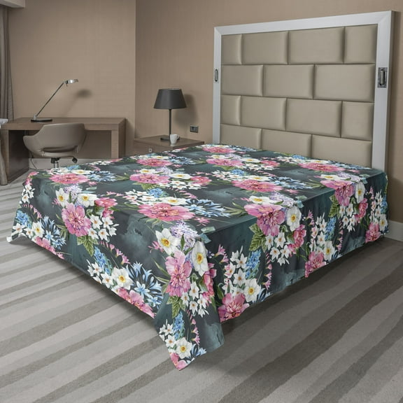 Ambesonne Exotic Vibes Flat Bedding Sheet Soft Top Sheet, Tropical Peony Pattern, California King, Pastel Pink Dark Teal