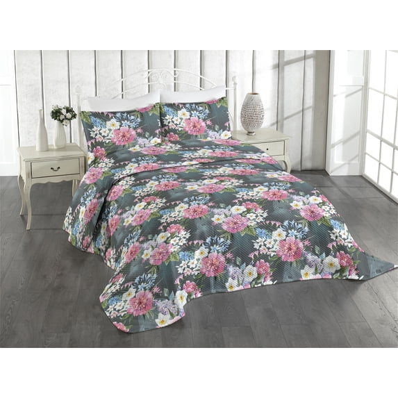 Ambesonne Exotic Vibes Quilted Coverlet 3 Pcs, Tropical Peony Pattern, King Size, Pastel Pink Dark Teal