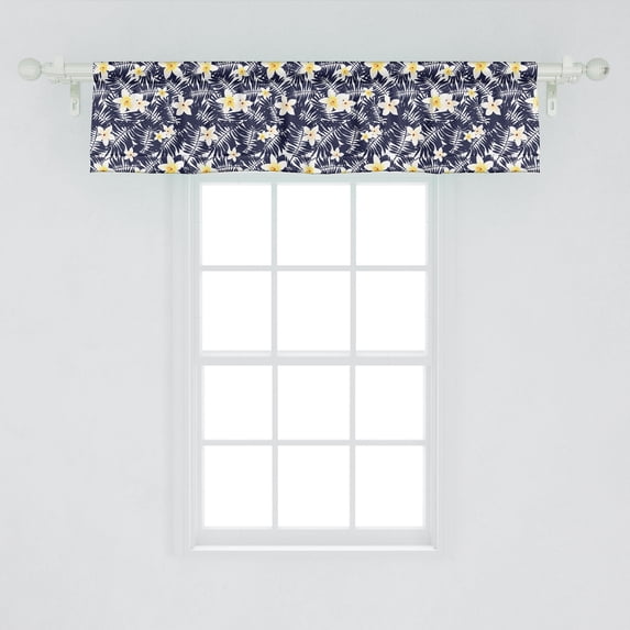 Ambesonne Exotic Window Valance, Abstract Tropic Pattern with Plumeria Flowers and Leafy Branches, Curtain Valance for Kitchen Bedroom Decor with Rod Pocket, 54" X 12", Indigo Mustard and White