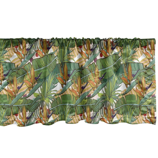 Ambesonne Exotic Window Valance, Continuous Pattern with Tropical Foliage Plant Leaves and Bird of Paradise Flower, Curtain Valance for Kitchen Bedroom Decor with Rod Pocket, 54" X 12", Multicolor