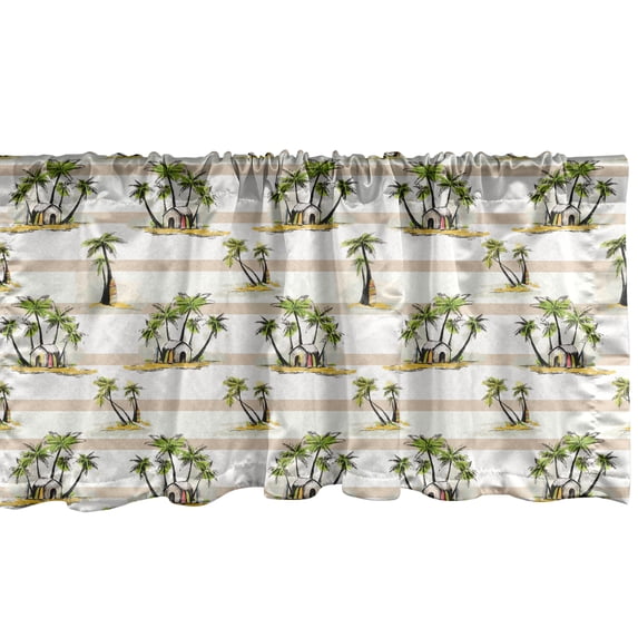 Ambesonne Exotic Window Valance, Hand Drawn Tropic House with Watercolor Palm Trees Pattern on Striped Background, Curtain Valance for Kitchen Bedroom Decor with Rod Pocket, 54" X 18", Multicolor