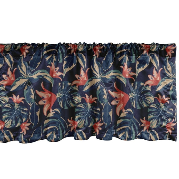 Ambesonne Exotic Window Valance, Jungle Blossoms Hibiscus Petals Tropical Look for Gardening Perennial Shrubs, Curtain Valance for Kitchen Bedroom Decor with Rod Pocket, 54" X 18", Indigo Multicolor