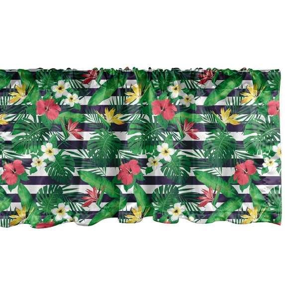 Ambesonne Exotic Window Valance, Repetitive Jungle Bouquets with Tropic Flowers and Leaves on Navy Stripes, Curtain Valance for Kitchen Bedroom Decor with Rod Pocket, 54" X 12", Multicolor