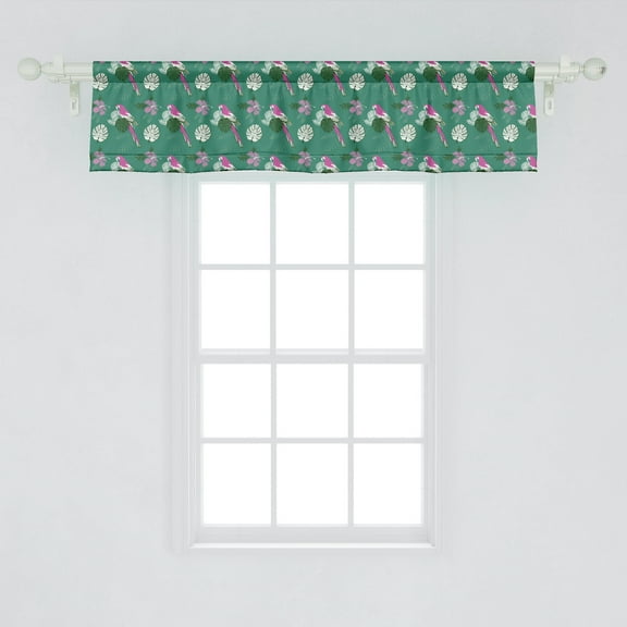 Ambesonne Exotic Window Valance, Tropical Pattern with Abstract Parrot and Monstera Leaves, Curtain Valance for Kitchen Bedroom Decor with Rod Pocket, 54" X 12", Jade Green Fuchsia