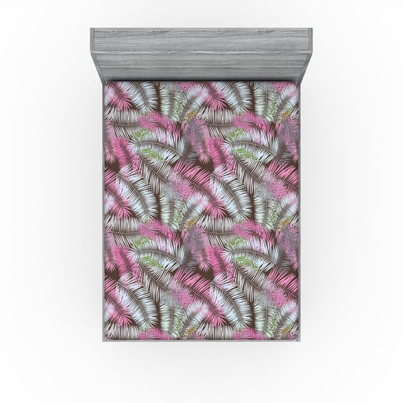 Ambesonne Exotics Fitted Sheet, Aloha Leaves Dreamy Print, Full Size, Pastel Pink Soft Blue