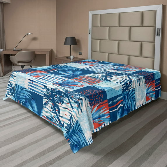 Ambesonne Exotics Flat Bedding Sheet Soft Top Sheet, Chill Hawaii Vibes Palm, King, Dark Lavender Dark Pink