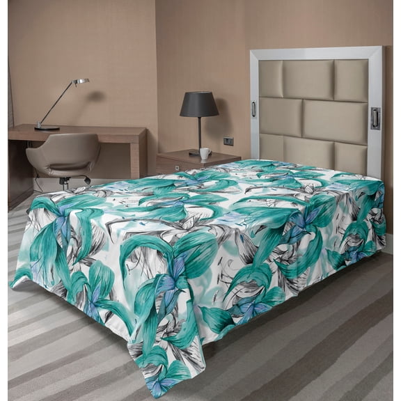 Ambesonne Exotics Flat Bedding Sheet Soft Top Sheet, Dreamy Wild Flowers Jungle, Twin, Dark Seafoam and Champagne