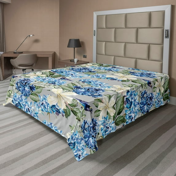 Ambesonne Exotics Flat Bedding Sheet Soft Top Sheet, Simple Hydrangea Hibiscus, Full, Cobalt Blue Peacock Green