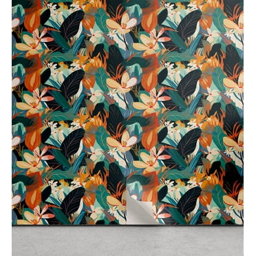 Ambesonne Exotics Peel & Stick Wallpaper for Home, Colorful Tropical Flowers, 13"x36", Teal Orange Multicolor