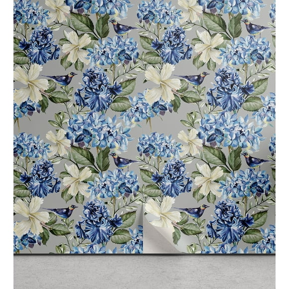 Ambesonne Exotics Peel & Stick Wallpaper for Home, Simple Hydrangea Hibiscus, 13"x36", Cobalt Blue Peacock Green